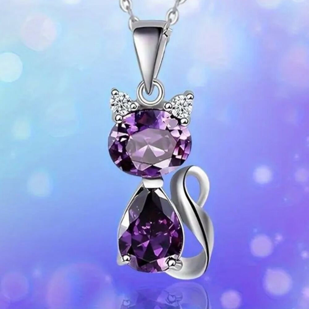 925 Sterling Silver Necklace w/ Cat Kitten Purple Synthetic Amethyst Pendant NEW